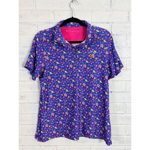 Waterville Floral Golf Polo Shirt Mens L Purple Stretch Embroidered Preppy